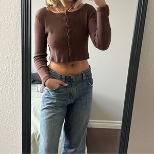 Brown Ribbed Cropped Cardigan